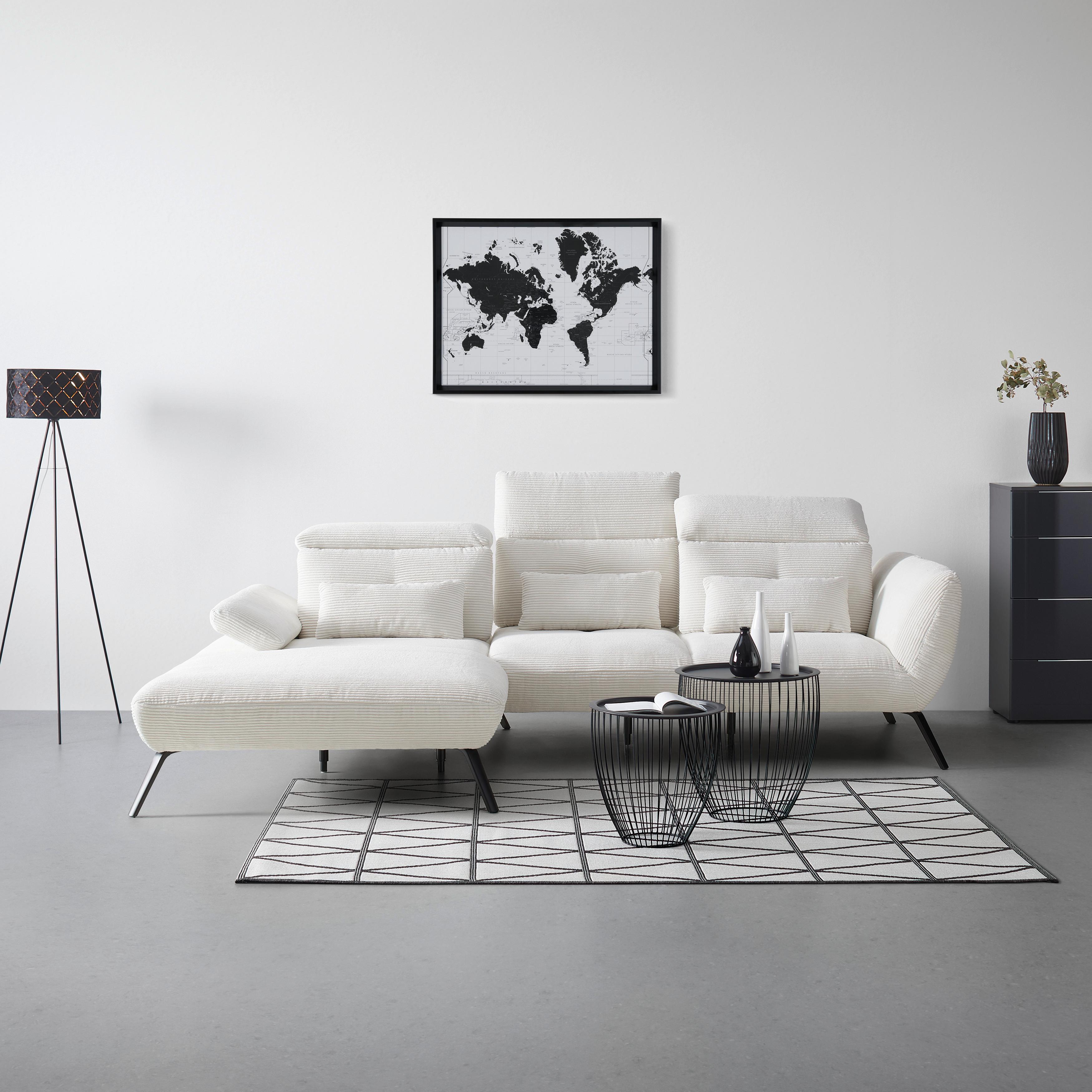 Rohová sedačka SEATTLE, levá, bílý manšestr, bez polštářů - bílá/černá, Moderní, kov/kompozitní dřevo (196/301cm) - Premium Living