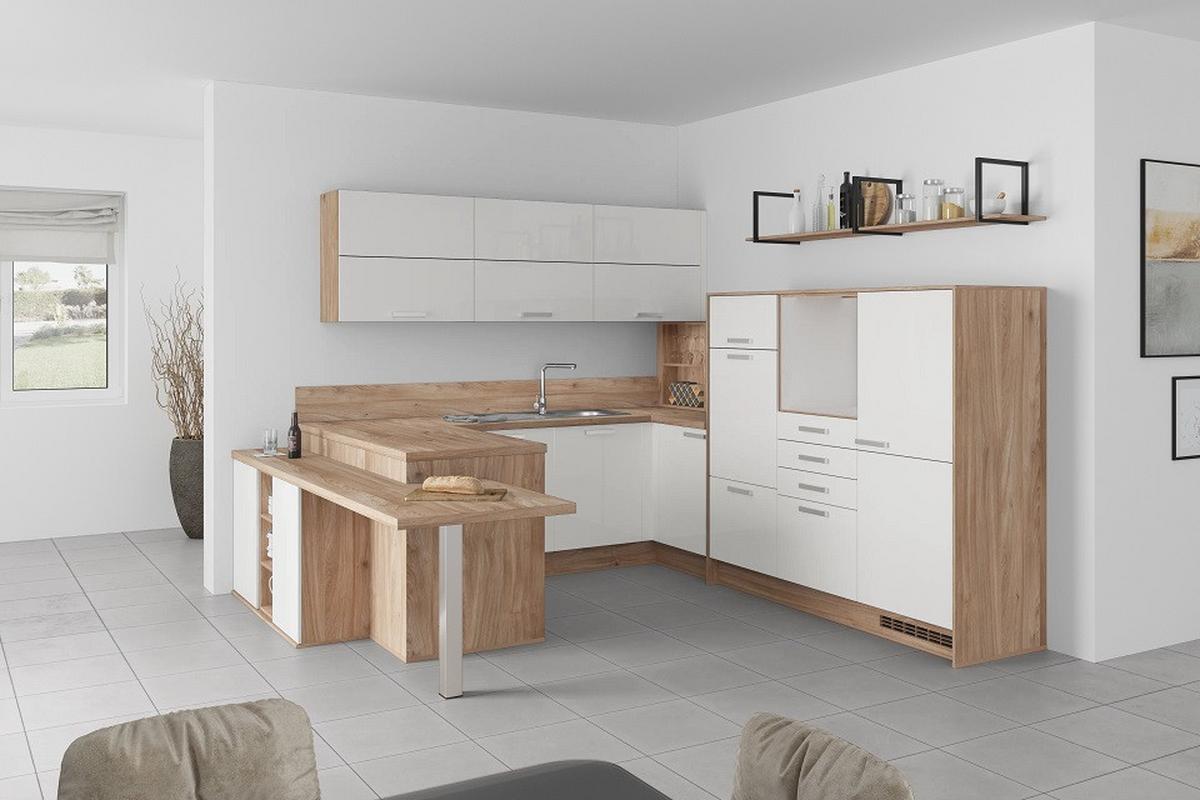 U-küche Lp4050 Weiß/ Eiche 255x294x298 Cm Mit Griffen - MODERN, Holzwerkstoff (255/294/298cm) - Impuls