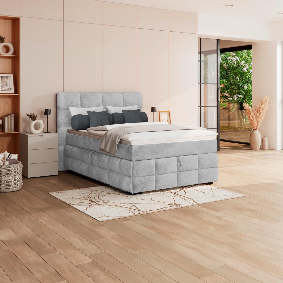 Čalúnená posteľ VEGA 140x200 cm, svelosivá - čierna/zelená, Trend, drevo/textil (140/200cm)