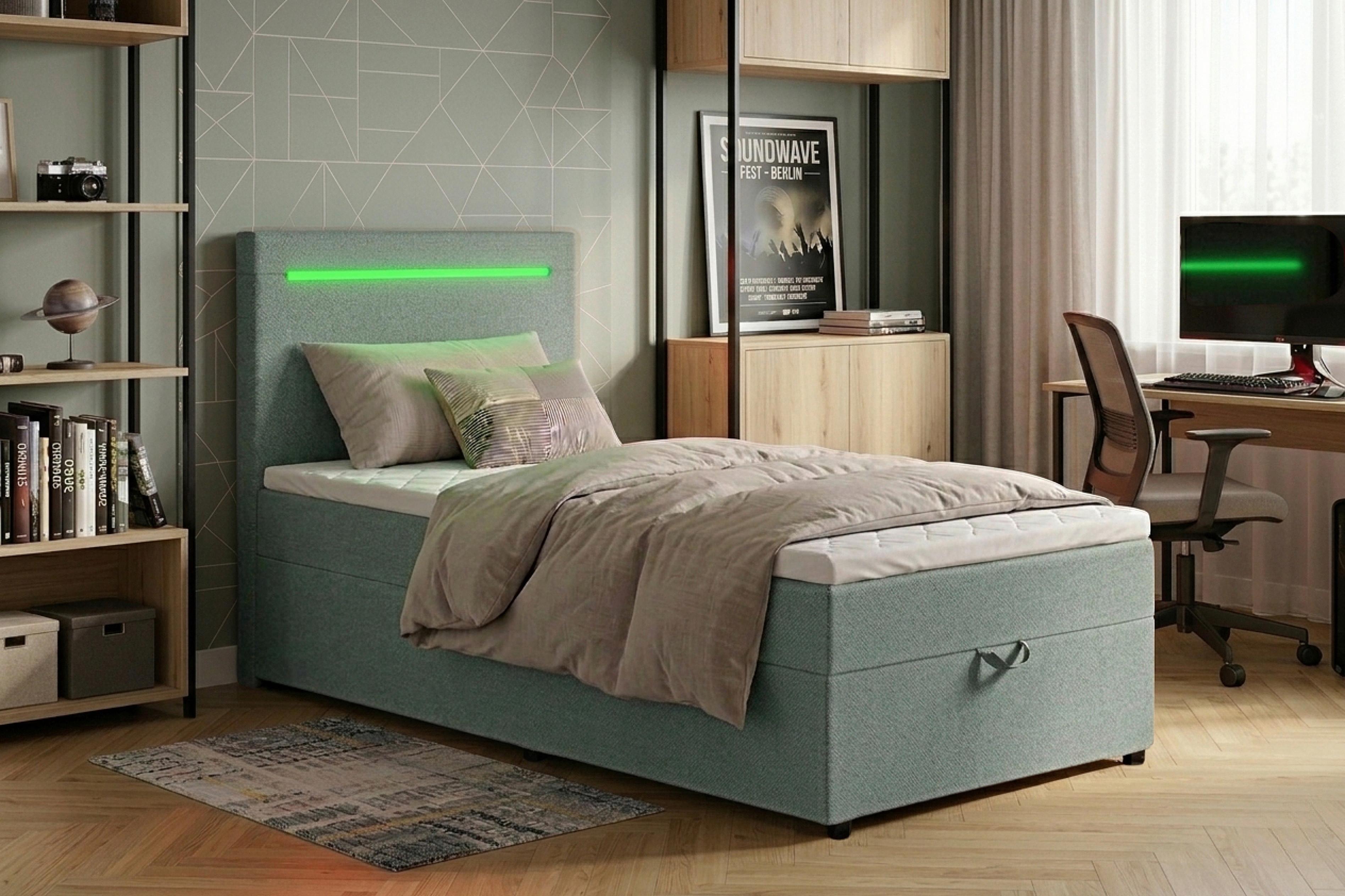 Boxbett Pisa 100 Led 100x200 Mintgrün - Schwarz/Mintgrün, MODERN, Holzwerkstoff/Textil (100/200cm) - MID.YOU