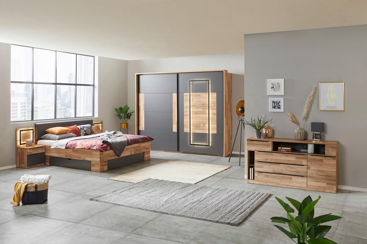 Schwebetürenschrank + LED 270cm , Graphit/Eiche Dekor - Eichefarben/Graphitfarben, KONVENTIONELL, Holzwerkstoff (270/225,5/60cm) - James Wood