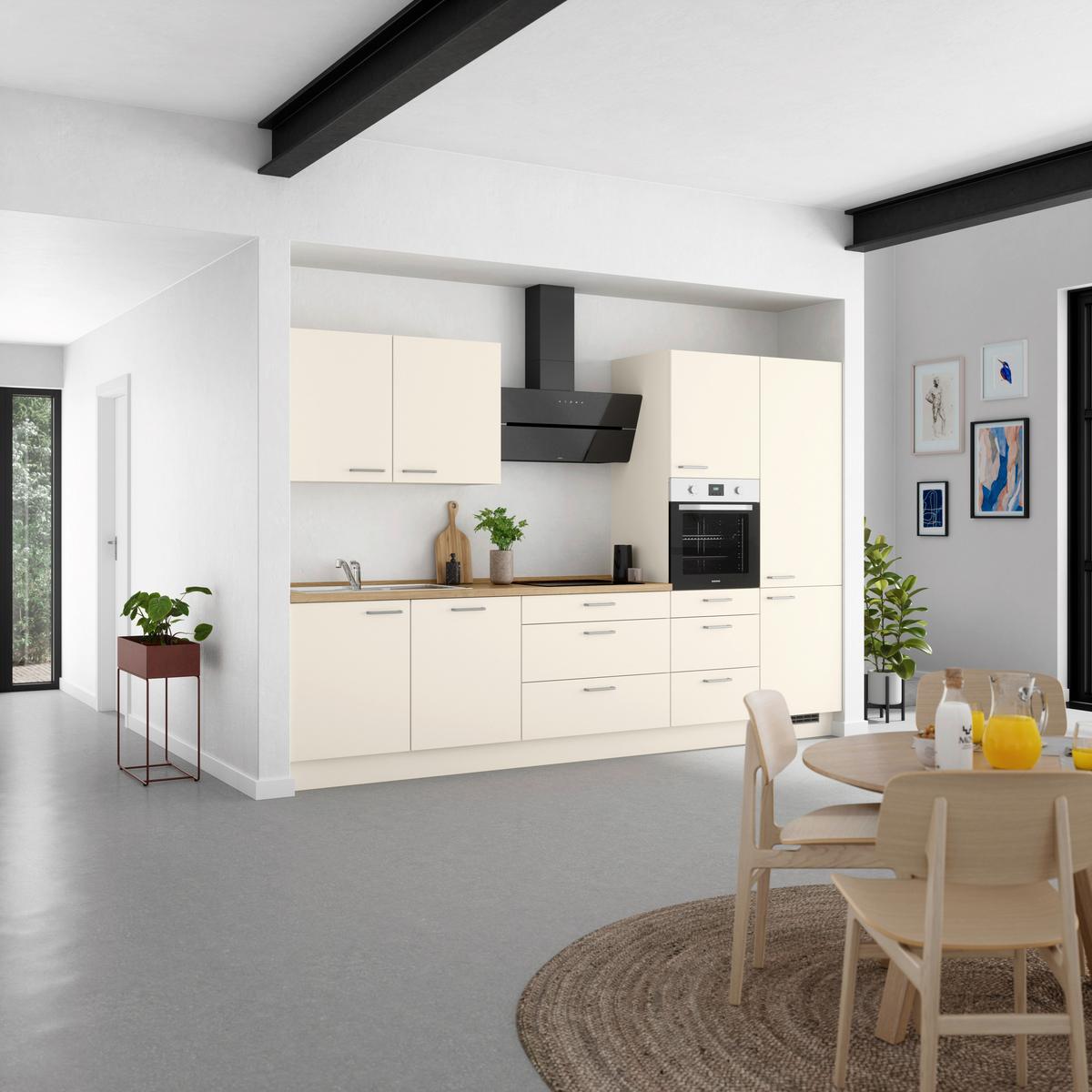 Kuchyňská linka 330 cm, magnóliová supermatná - barvy dubu/magnolie, Moderní, kov/kompozitní dřevo (330cm) - Nobilia
