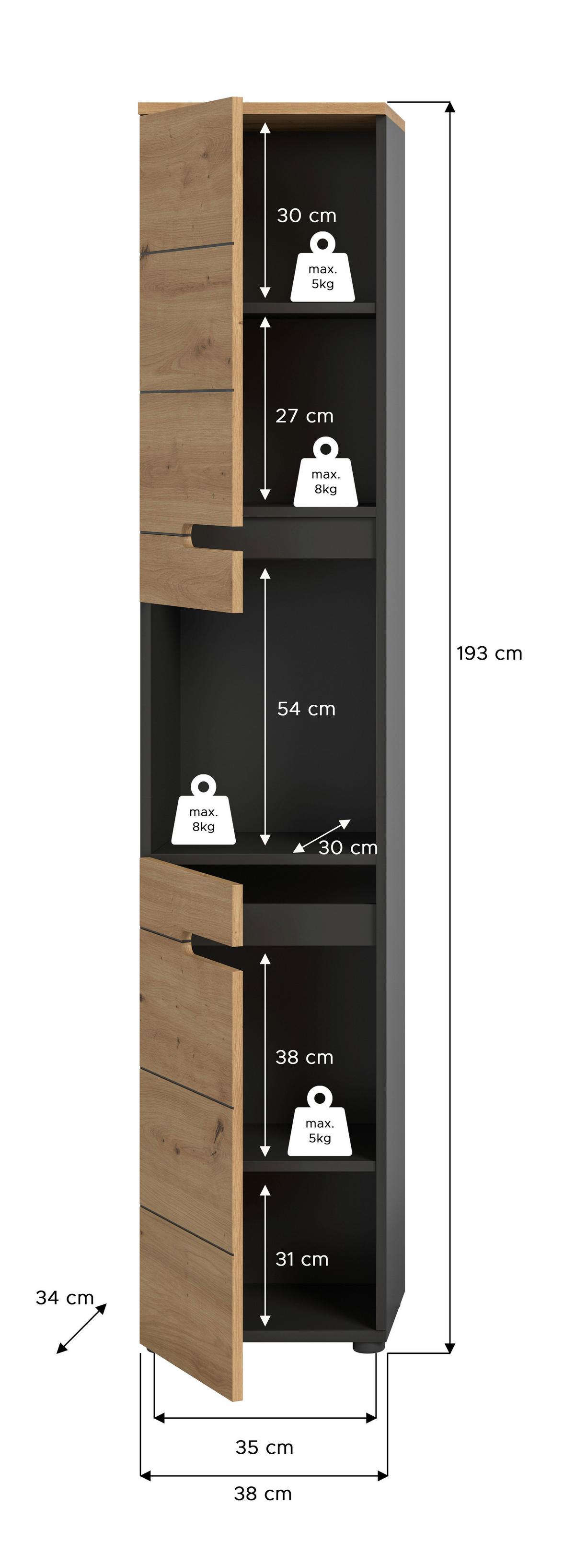 Hochschrank Canu Eiche Artisan Dekor Dunkelgrau - Dunkelgrau/Schwarz, MODERN, Holzwerkstoff (38/193/34cm) - MID.YOU