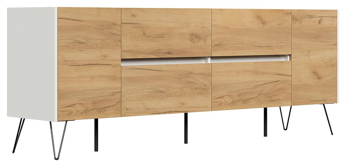 Sideboard Posseik Industrial Weiß/eichefarben B: 199 Cm - Eichefarben/Weiß Hochglanz, Design, Holzwerkstoff (199/75,8/42cm) - P & B