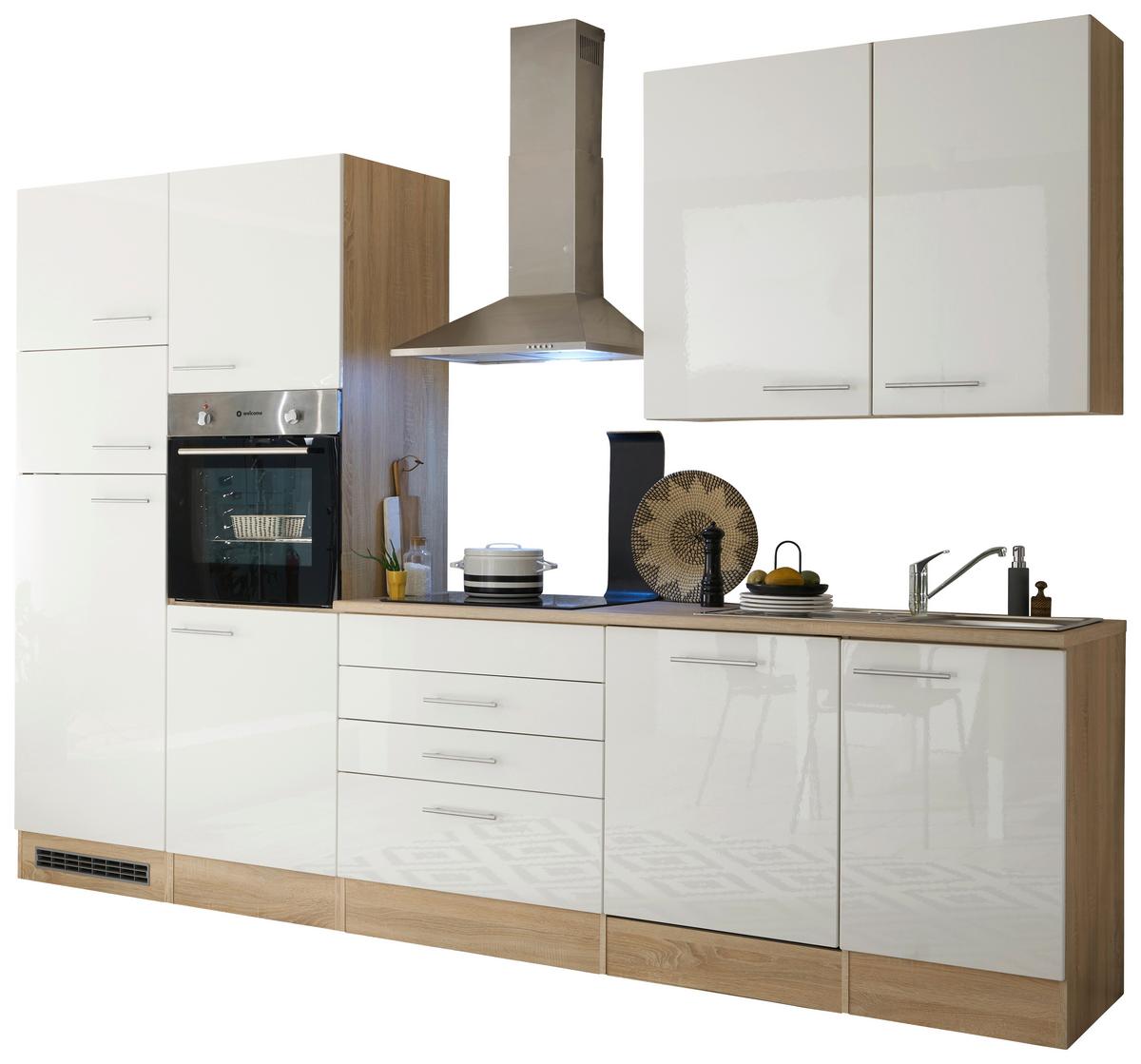 Küchenzeile Laurel ohne Geräte 310 cm Eiche/Weiß Hochglanz - Weiß/Sonoma Eiche, MODERN, Holzwerkstoff (310cm) - MID.YOU