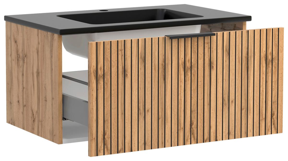 Waschbecken Mit Unterschrank Chester B: 80 Cm - Eiche Wotan/Schwarz, MODERN, Holzwerkstoff/Stein (80cm) - Held