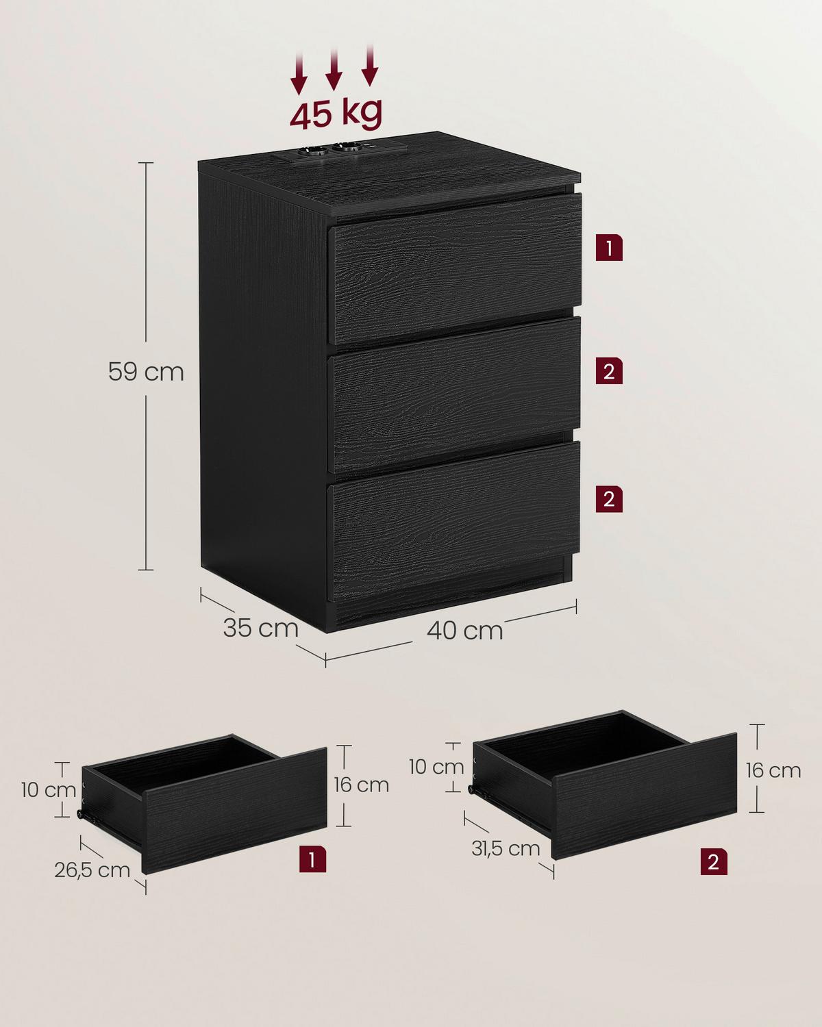 Nachtkästchen Schwarz H: 59 cm - Schwarz, MODERN, Holzwerkstoff (40/59/35cm) - MID.YOU