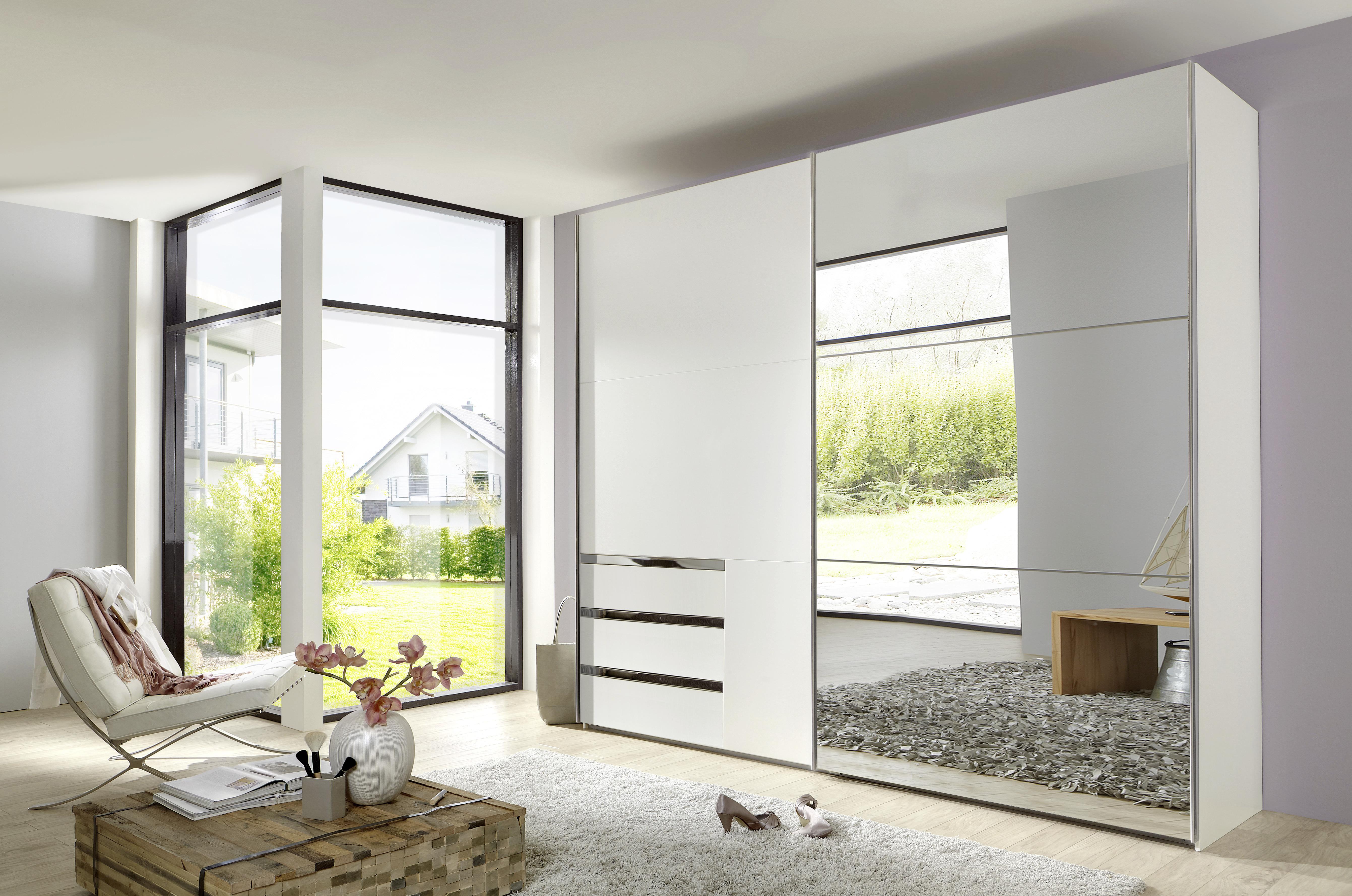 Schwebetürenschrank Mit Spiegel 200cm Level 36a, Weiß Dekor - Weiß, MODERN, Glas/Holzwerkstoff (200/216/65cm) - MID.YOU