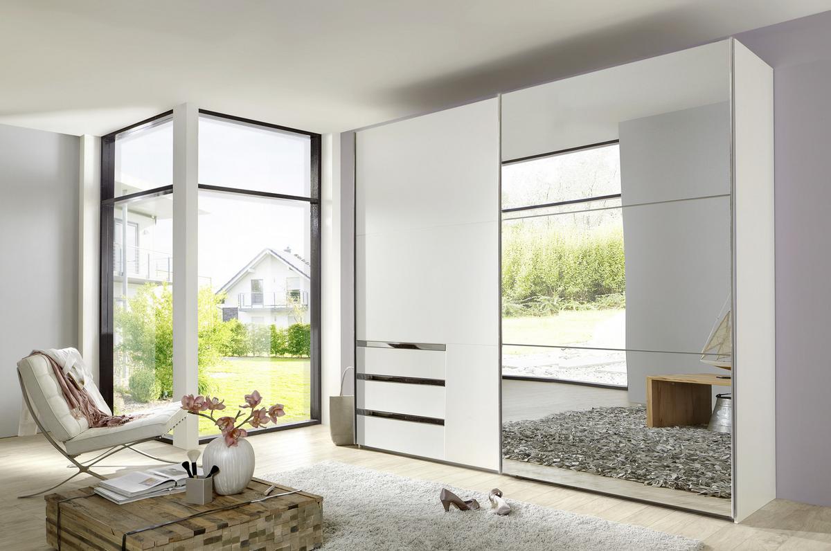 Schwebetürenschrank M. Spiegel 200cm Level 36a, Weiß Dekor - Weiß, MODERN, Glas/Holzwerkstoff (200/216/65cm) - MID.YOU