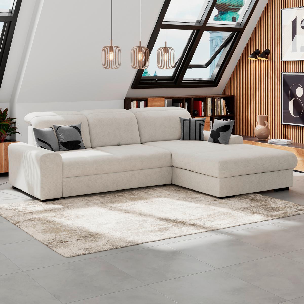 Ecksofa mit Bettfunktion Malaga new Chenille creme - Creme/Schwarz, KONVENTIONELL, Textil (286/203cm) - Ondega