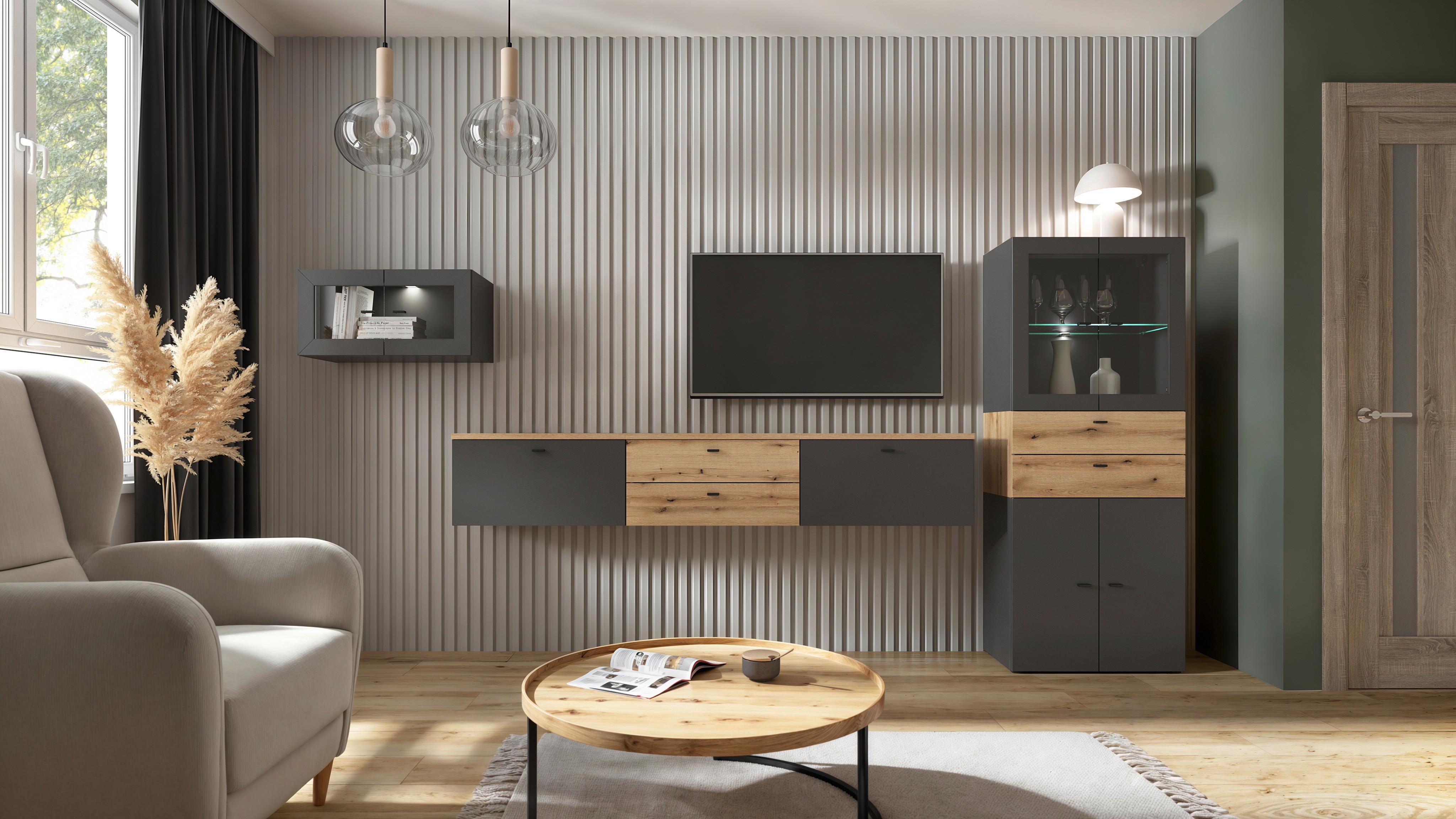 Wohnwand Sixty-four Anthrazit/eichefarben - Eichefarben/Anthrazit, Trend, Holzwerkstoff (320/160/35cm)