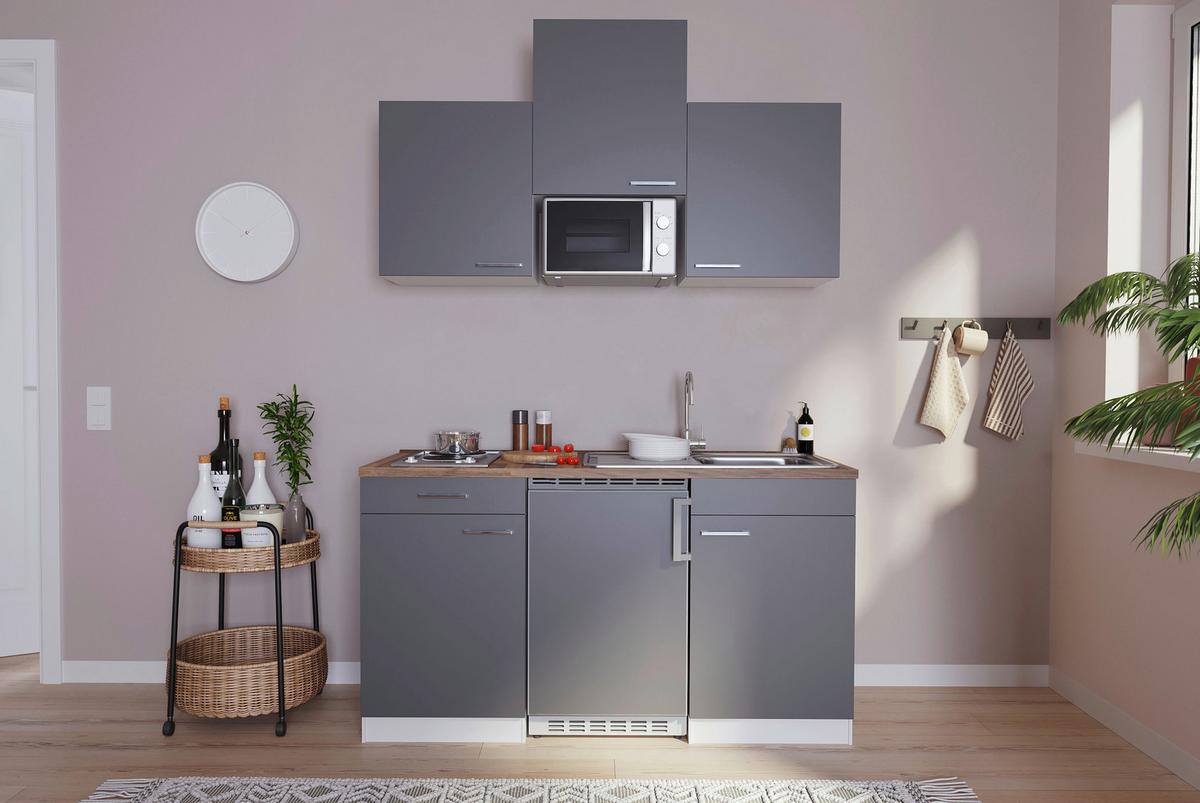 Miniküche Economy mit Geräten 150 cm Grau/ Nussbaum Dekor - Nussbaumfarben/Weiß, Basics, Holzwerkstoff (150cm) - Respekta