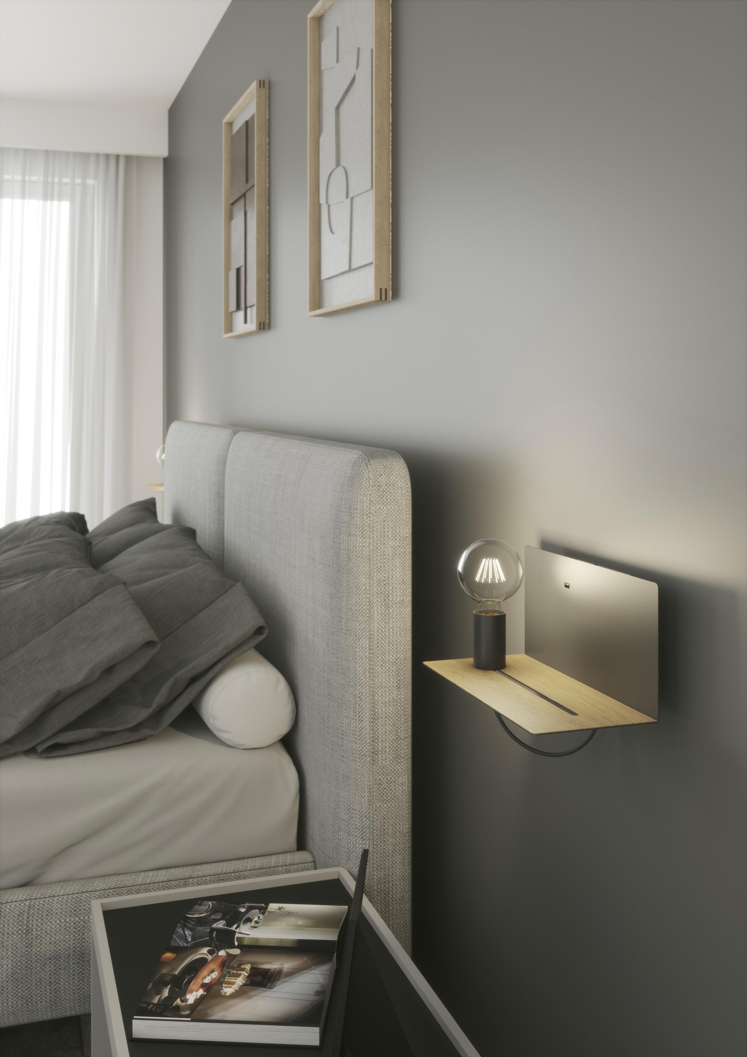 Wandleuchte Flash 1-Flammig Kippschalter + USB-Anschluss - Eichefarben/Schwarz, Basics, Metall (15/33/18cm)