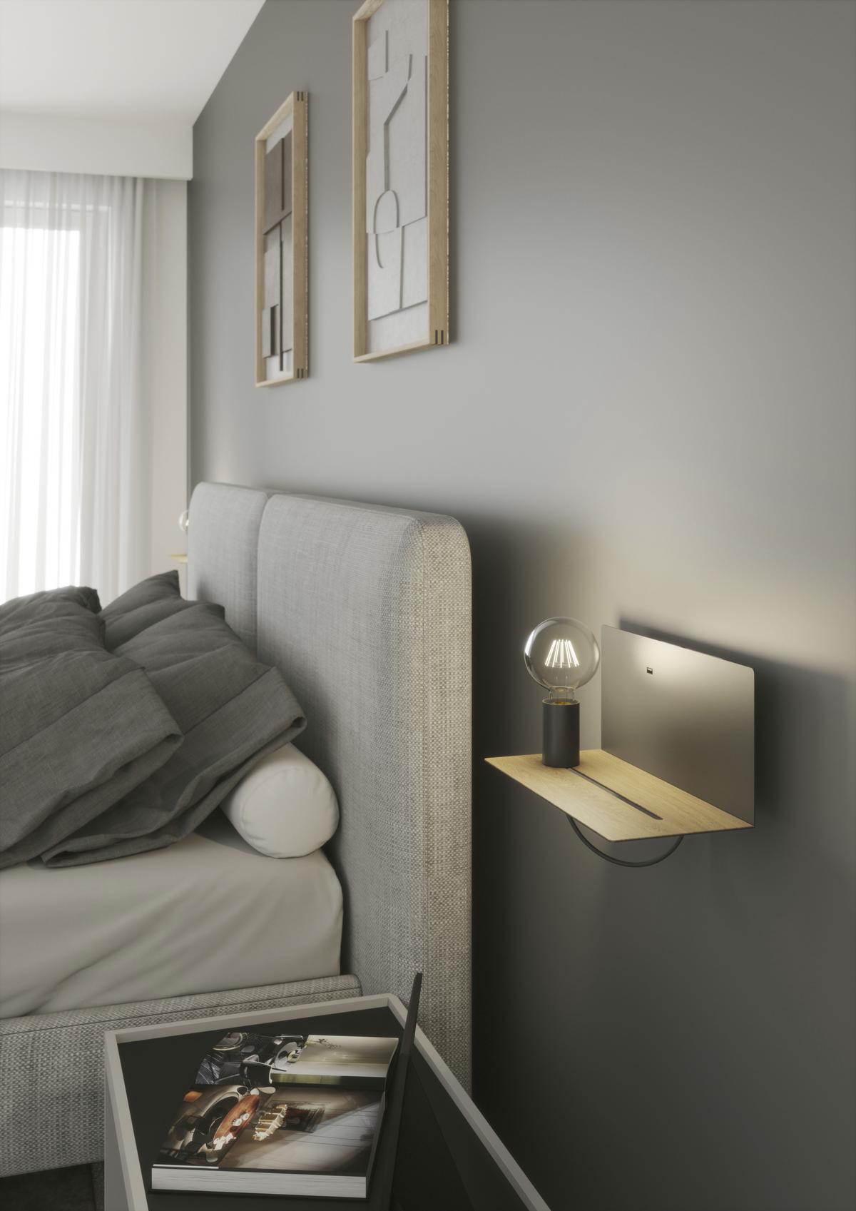 Wandleuchte Flash 1-Flammig Kippschalter + USB-Anschluss - Eichefarben/Schwarz, Basics, Metall (15/33/18cm)
