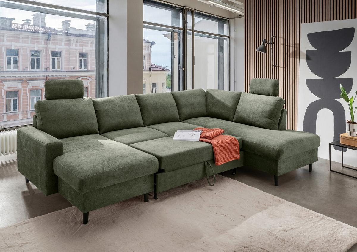 Wohnlandschaft Passione Dunkelgrün U: 153x305x200 cm - Dunkelgrün/Schwarz, MODERN, Textil (153/305/200cm) - Livetastic