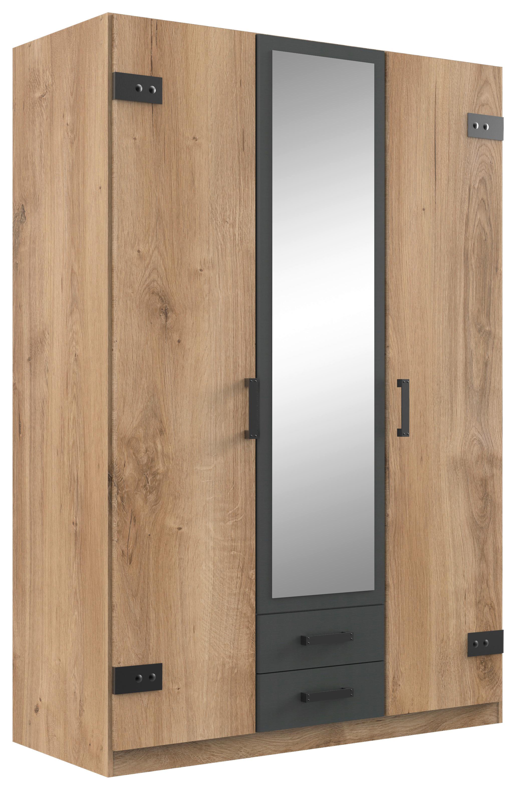 Drehtürenschrank mit Spiegel 135cm Liverpool, Eiche Dekor - Eichefarben/Graphitfarben, KONVENTIONELL, Holzwerkstoff (135/198/58cm) - MID.YOU