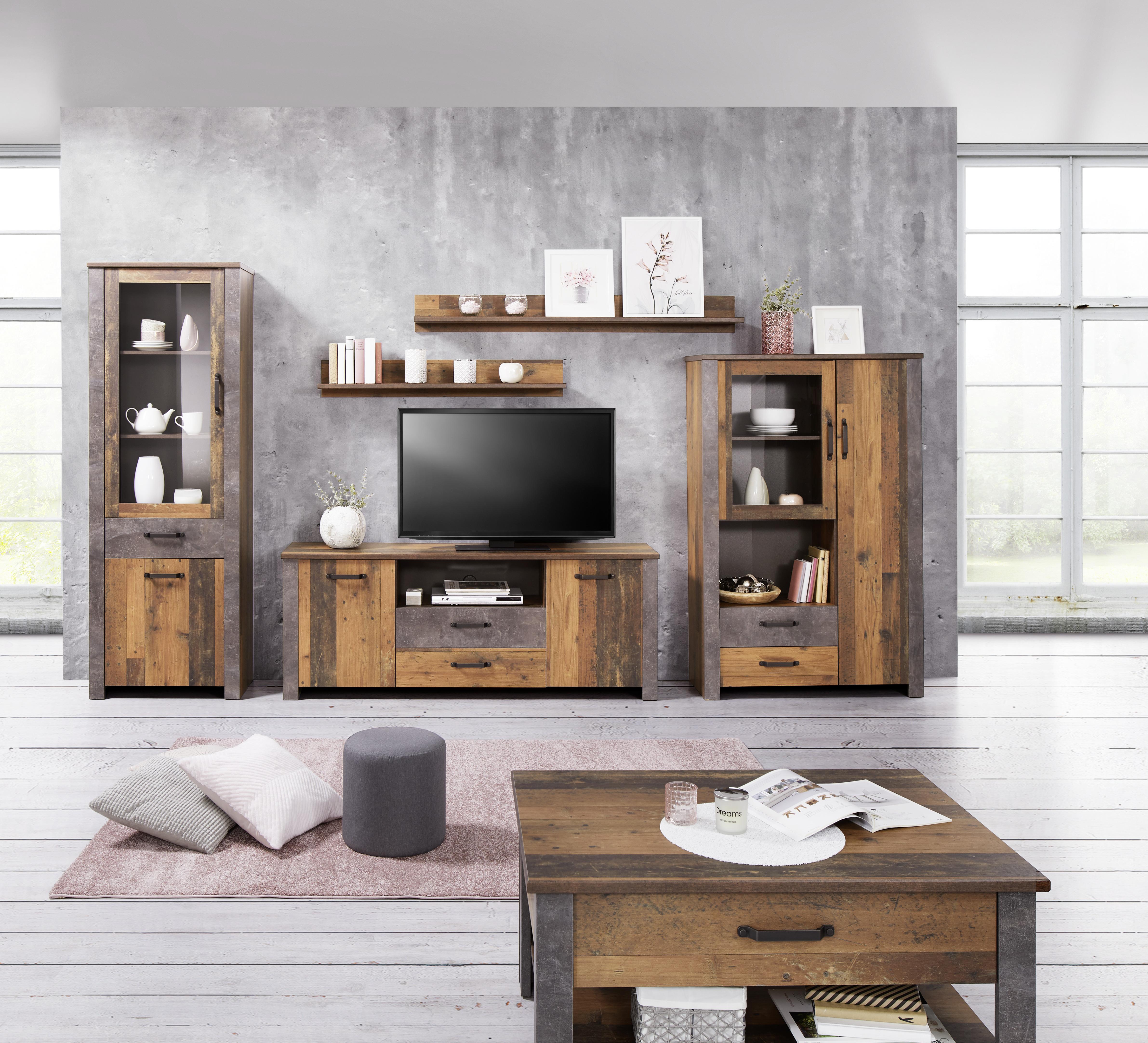 Wohnkombination 5 -Teilig. Ontario, Old Style/Betonoptik - Eichefarben/Dunkelgrau, Trend, Glas/Holzwerkstoff (352,4/200/41,5cm) - Ondega