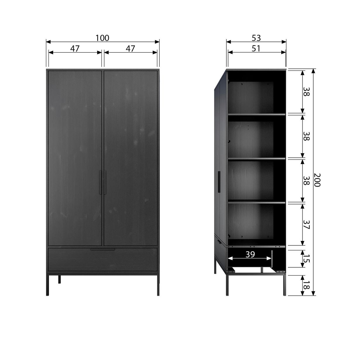 DREHTÜRENSCHRANK Adam Schwarz B: 100cm - Schwarz, Basics, Holz (100/200/53cm) - MID.YOU