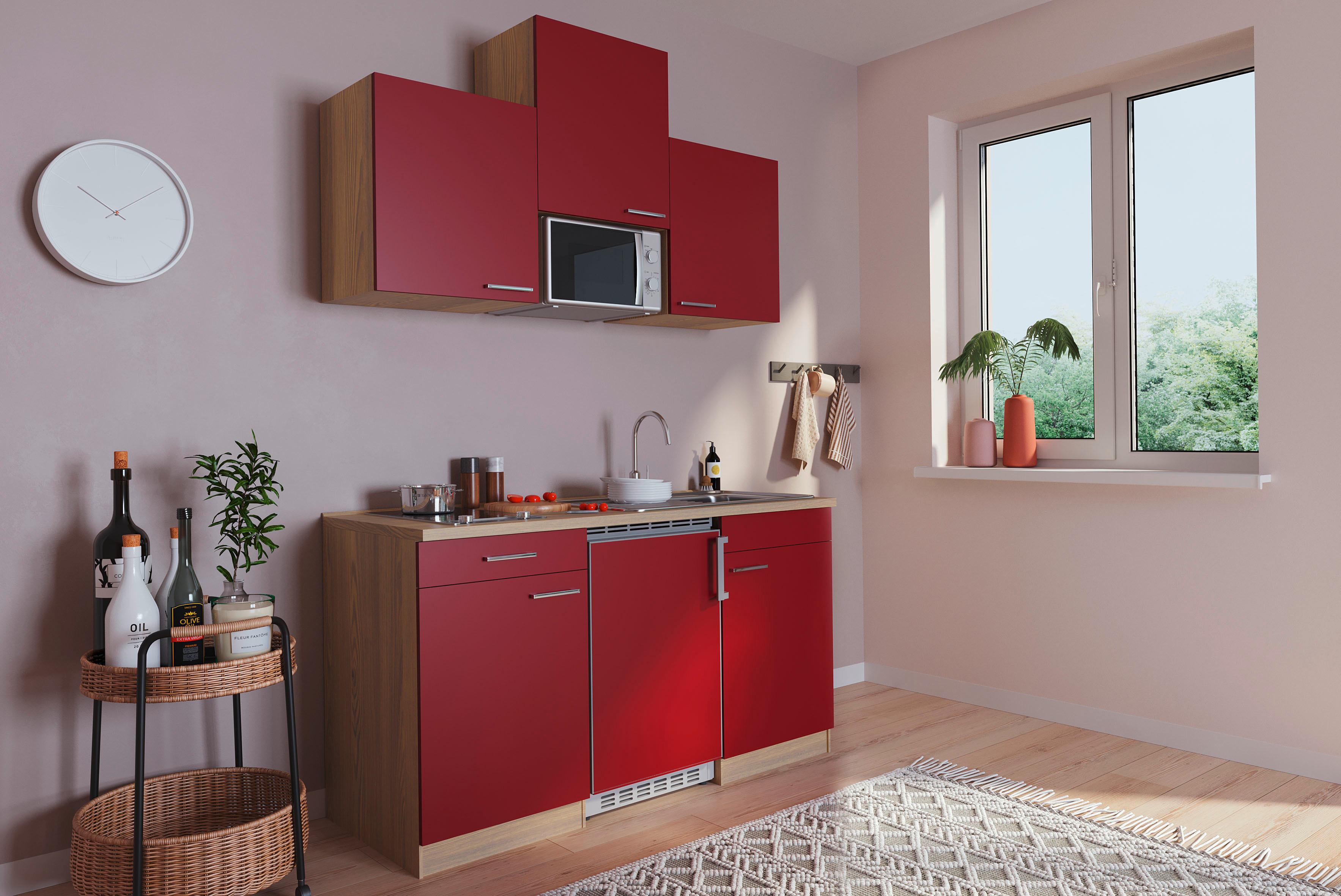 Miniküche mit Mikrowelle + Kühlschrank 150 cm Rot/Eiche - Rot, Basics, Holzwerkstoff (150cm) - Respekta