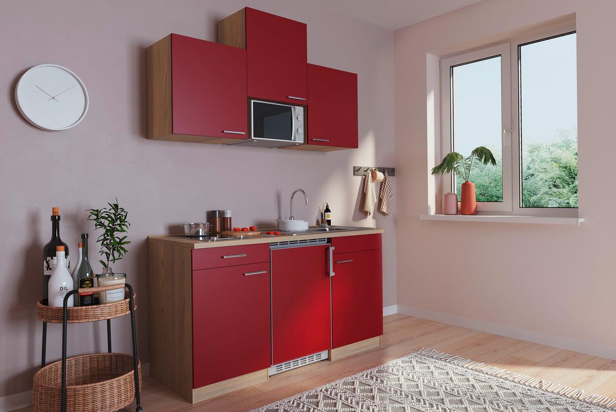 Miniküche M. Mikrowelle + Kühlschrank 150 Cm Rot/eiche - Rot, Basics, Holzwerkstoff (150cm) - Respekta