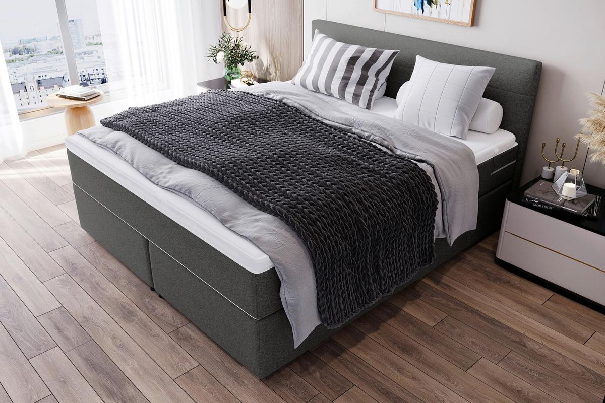 Boxspringbett mit Topper 180x200 Catania - Chromfarben/Anthrazit, KONVENTIONELL, Textil (180/200cm)