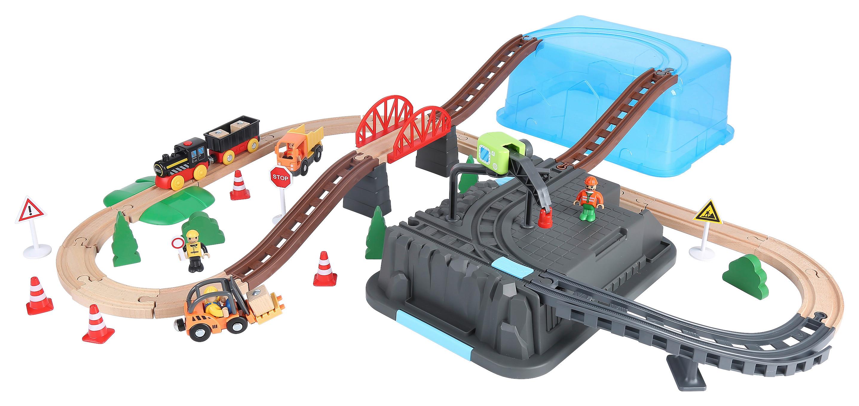 Holz Eisenbahn-set, 55-teilig, Inkl. Figuren Und Bäume + Box - Blau/Gelb, Trend, Holz/Kunststoff (85/75/15cm)