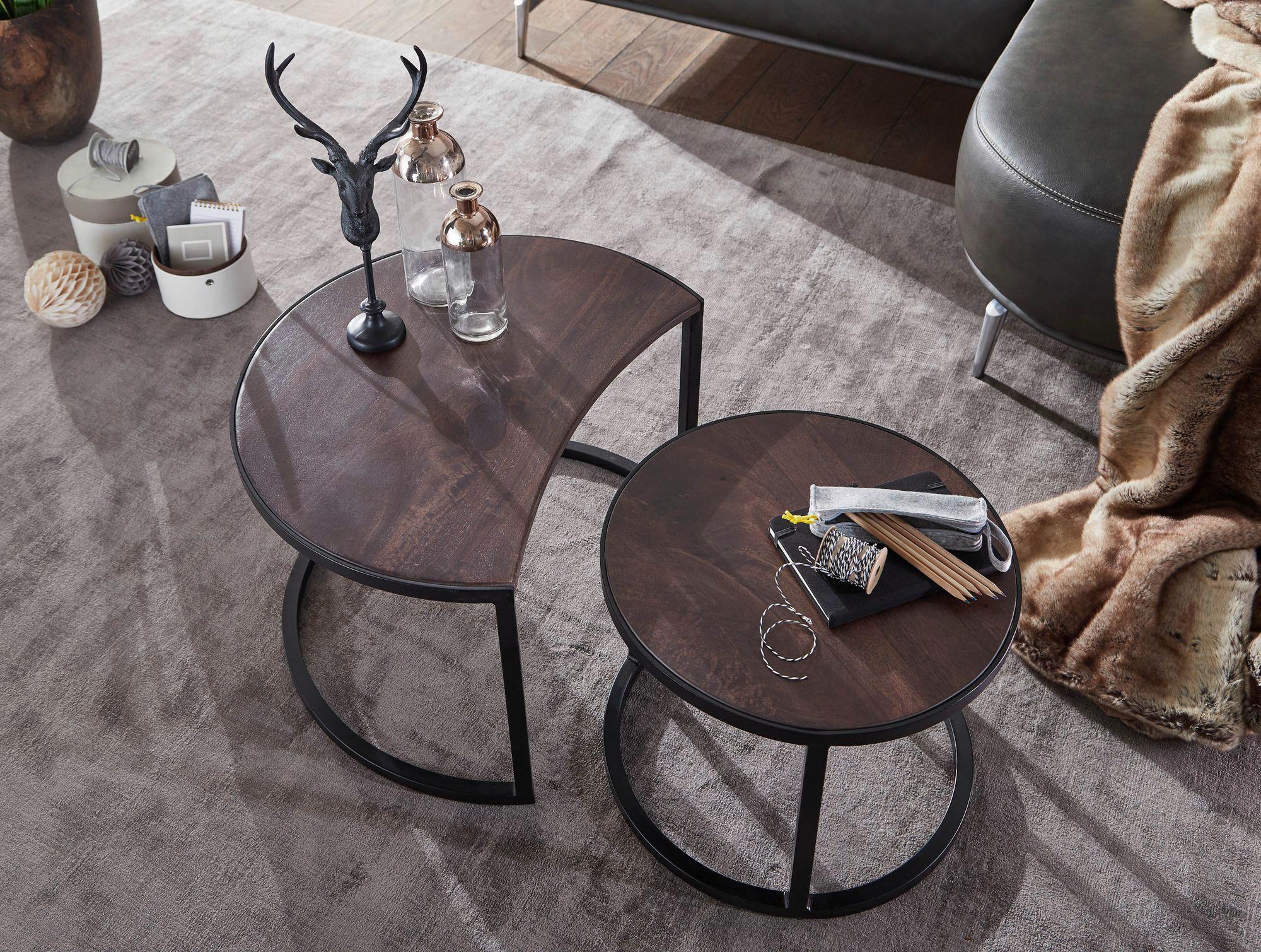 MID.YOU Couchtisch Rund Mangoholz Massiv 2-teilig Wohnling Braun