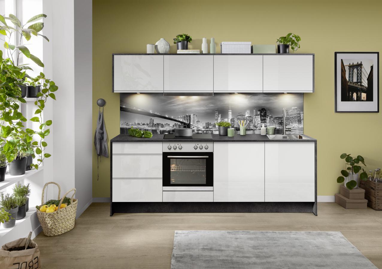 Küchenzeile Ip7500 mit Geräten 245 cm Weiß/Lavagrau - Weiß Hochglanz/Weiß, Basics, Holzwerkstoff (245cm) - Impuls