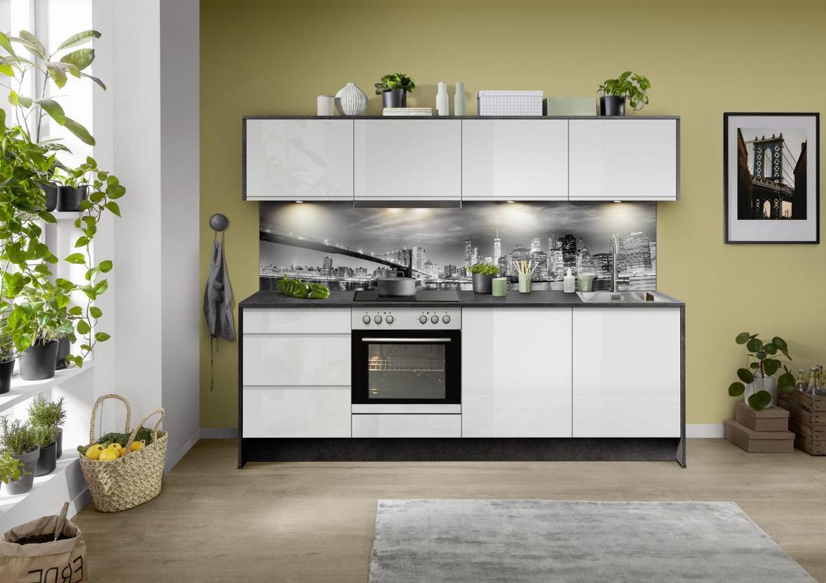 Küchenzeile Ip7500 mit Geräten 245 cm Weiß/Lavagrau - Weiß Hochglanz/Weiß, Basics, Holzwerkstoff (245cm) - Impuls