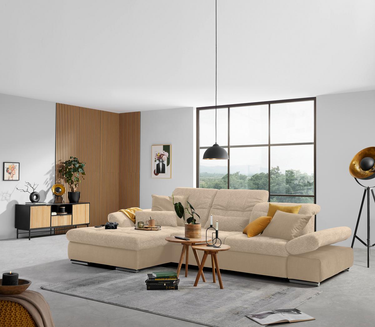 Rohová sedačka SANFINO, levá, béžová - barvy chromu/béžová, Konvenční, kov/dřevo (199/79-96/305cm) - Premium Living