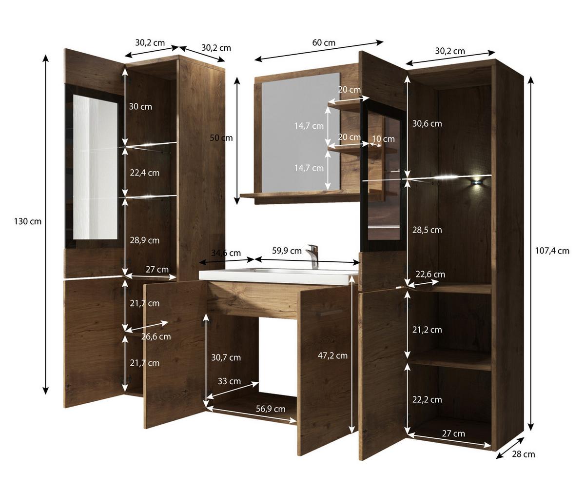 Badmöbel-Set 5-Tlg. inkl. LED Madrit B: 140 cm Eiche Dekor - Kastanienfarben/Kastanieneichefarben, LIFESTYLE, Glas/Holzwerkstoff (120cm) - P & B