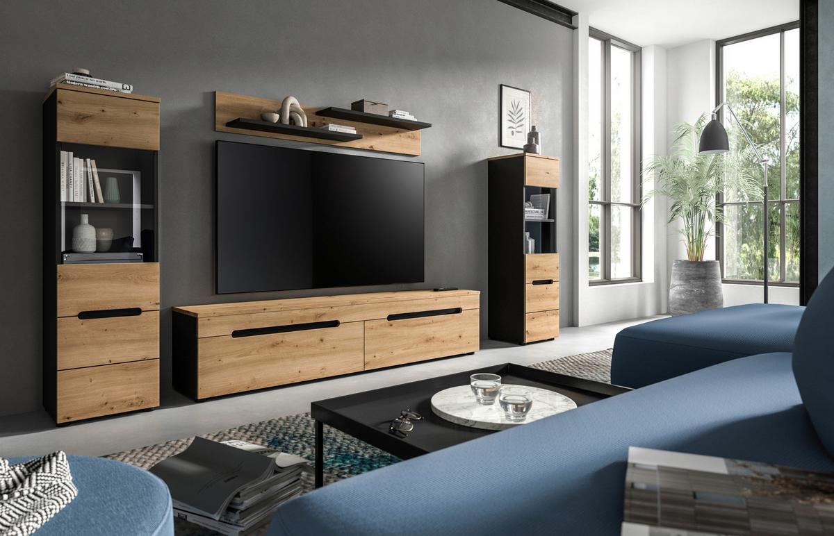 Wohnwand Canu Eiche Artisan Dekor B: 272cm - Schwarz/Eiche Artisan, Design, Holzwerkstoff (272/141/33cm) - Livetastic
