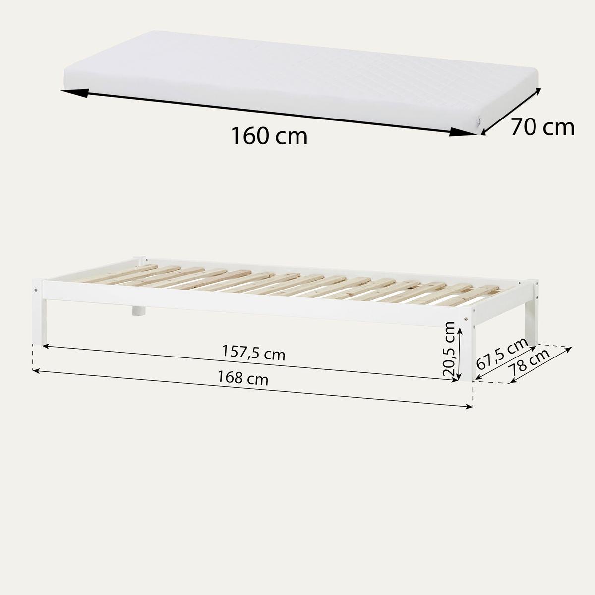 Bett Eco Dream Kiefer Massiv Weiß, Lf: 70x160 Cm - Weiß, MODERN, Holz (70/160cm) - MID.YOU