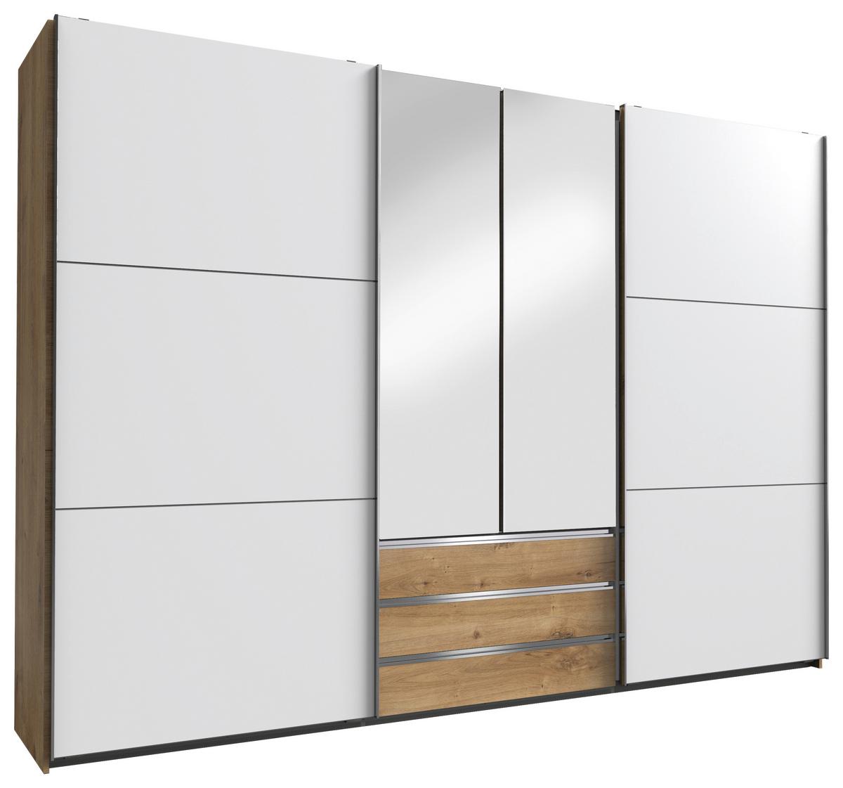 Schwebetürenschrank mit Laden 300 cm Magic Weiß/Eiche Dekor - Eichefarben/Silberfarben, MODERN, Glas/Holzwerkstoff (300/216/65cm) - MID.YOU