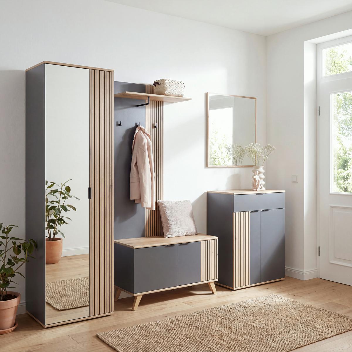 Garderobenschrank Clever Anthrazit B: 55,5 cm - Eichefarben/Anthrazit, MODERN, Glas/Holzwerkstoff (55,5/193/38cm)