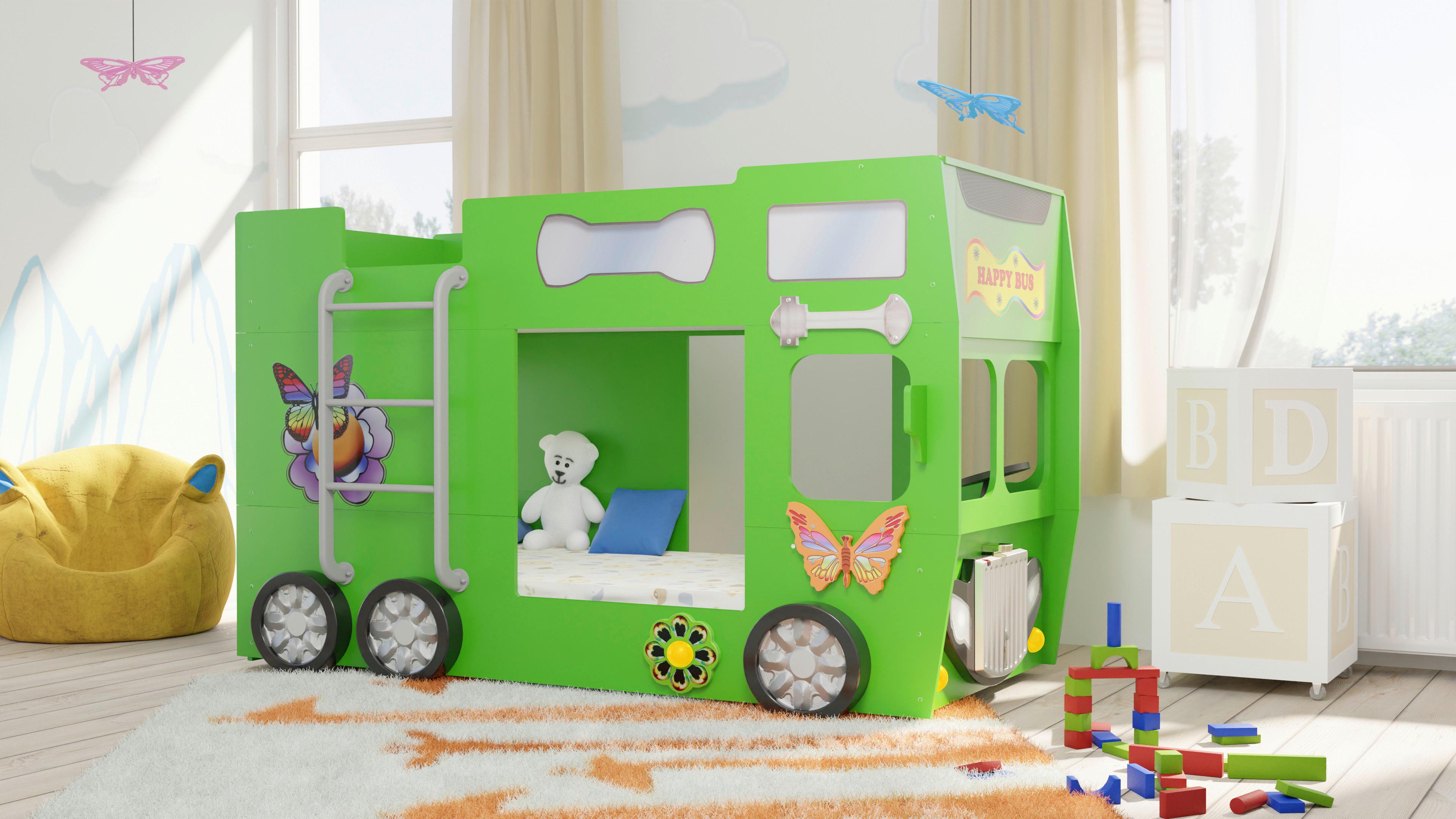 Autobett Happybus Doppeldecker Grün - Weiß/Grün, LIFESTYLE, Holz/Holzwerkstoff (90/190cm) - Livetastic