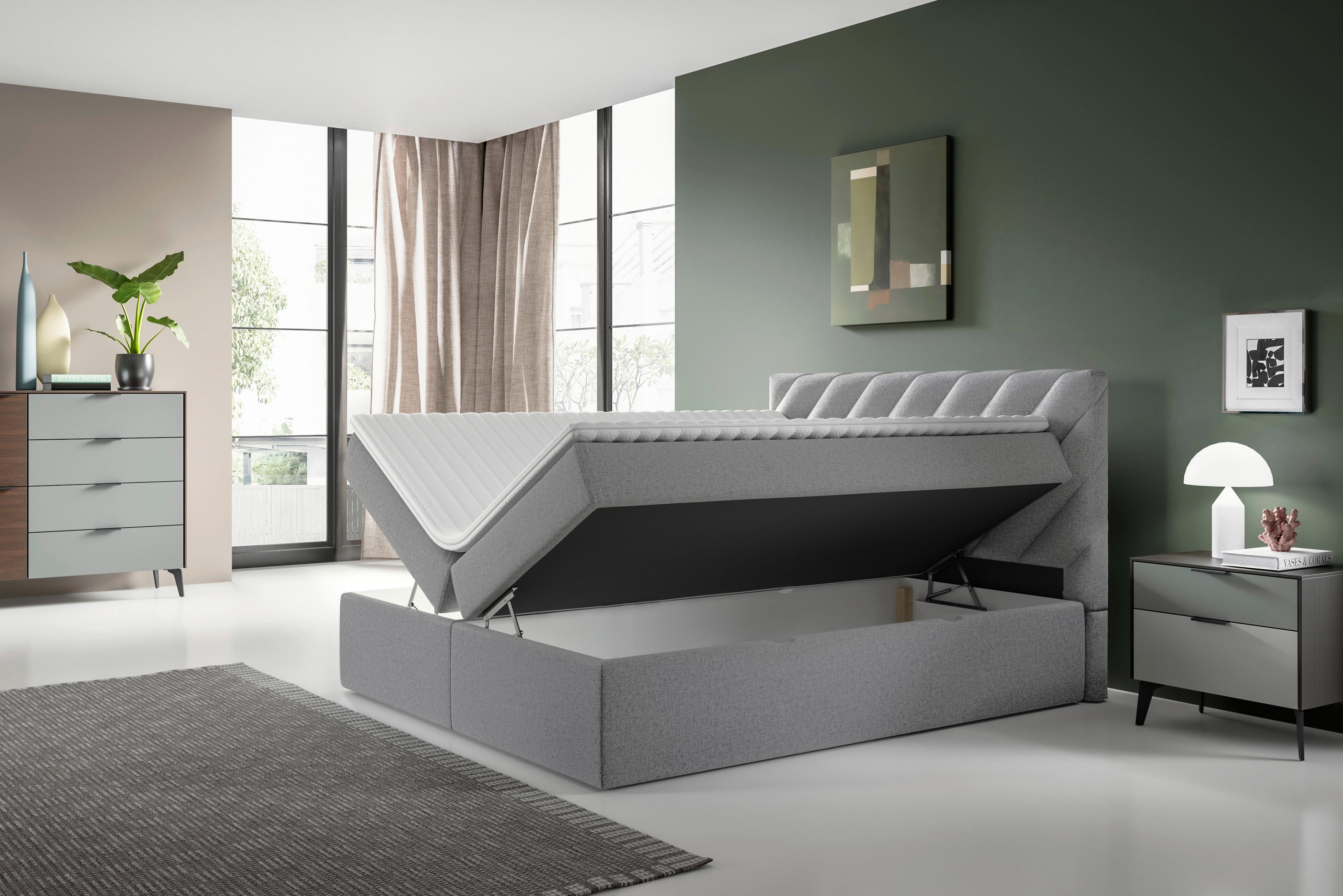 Boxspringbett mit Topper Hellgrau 180x200 cm Gusto - Hellgrau/Schwarz, MODERN, Textil (180/200cm) - MID.YOU