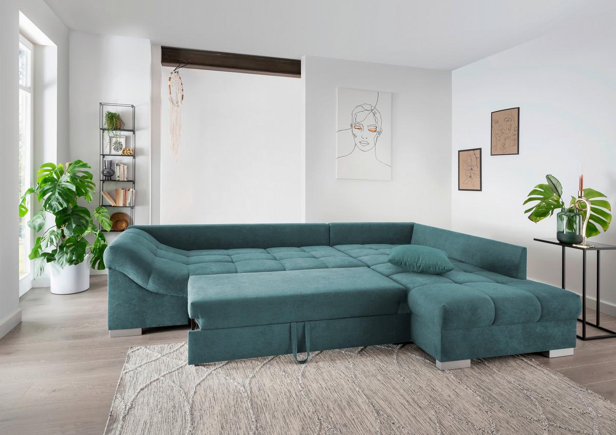 Eckschlafsofa Alvito - Silberfarben/Petrol, Design, Textil (298/202cm) - MID.YOU