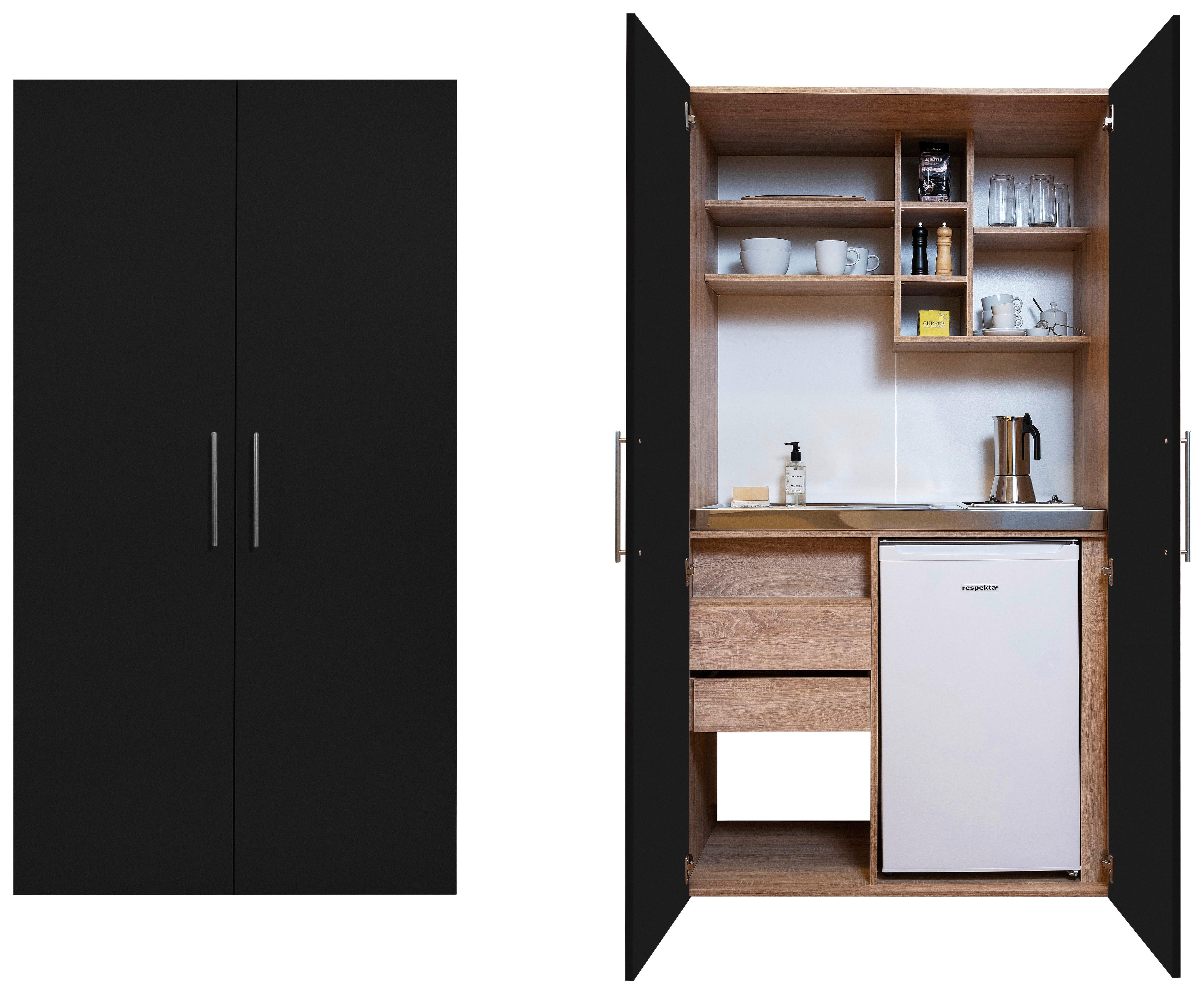 Schrankküche mit Kühlschrank + Kochfeld 104 cm Schwarz - Edelstahlfarben/Eichefarben, KONVENTIONELL, Holzwerkstoff/Metall (104/193/67cm) - Respekta