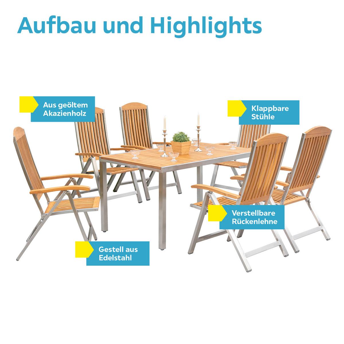Gartengarnitur 7-Tlg. Keros Echtholz/Metall - Silberfarben/Akaziefarben, KONVENTIONELL, Holz/Metall - Gardenson