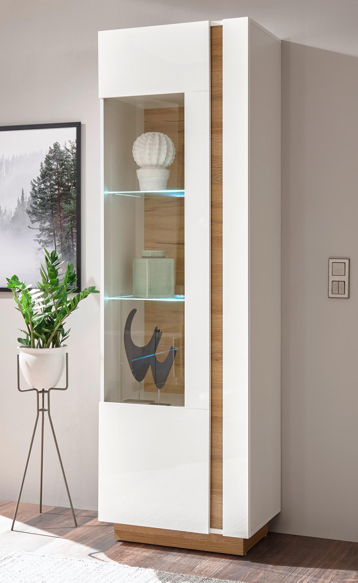 Vitrine Clair Weiß/Eiche Dekor B: 60cm - Eichefarben/Weiß, Design, Glas/Holzwerkstoff (60/194/40cm) - MID.YOU