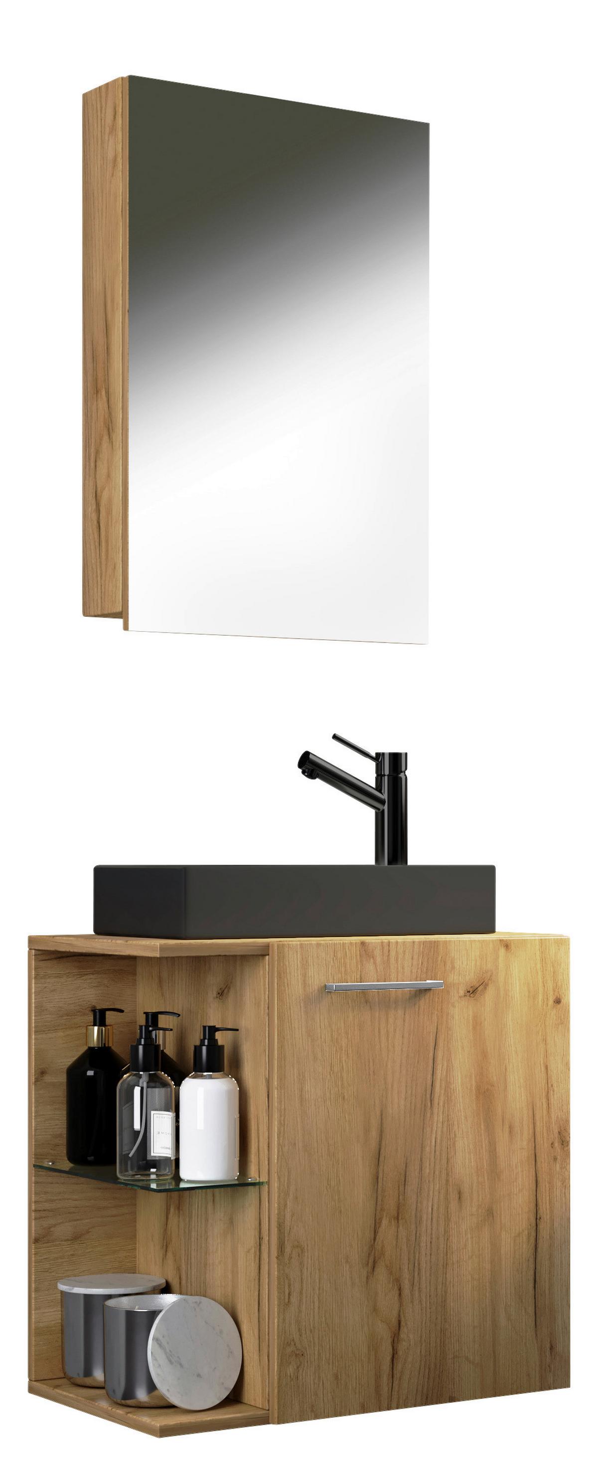 Gästebad Hausa Bl - Honigeiche/Schwarz, MODERN, Glas/Keramik (52cm) - MID.YOU