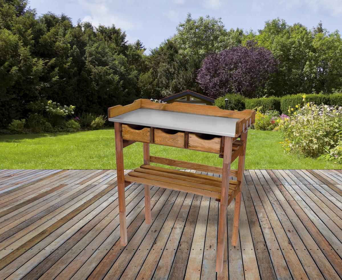 Pflanztisch Holz Mit 3 Laden Und Ablage L/b/h: 78/38/94 Cm - Kieferfarben, KONVENTIONELL, Holz/Metall (78/94/38cm)