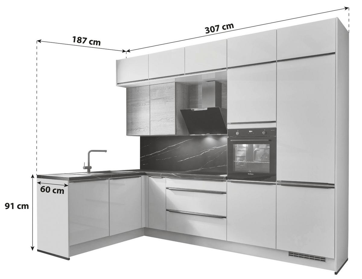 Eckküche Florenz/singapur - Weiß Hochglanz/Eichefarben, Basics, Holzwerkstoff (187/307cm) - Vertico