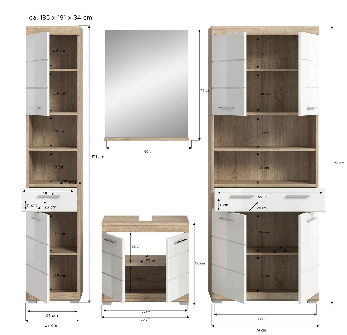 Badezimmer Lambada Eiche Dekor/Weiß B: 171 cm - Weiß Hochglanz/Silberfarben, MODERN, Glas/Holzwerkstoff (171cm) - MID.YOU