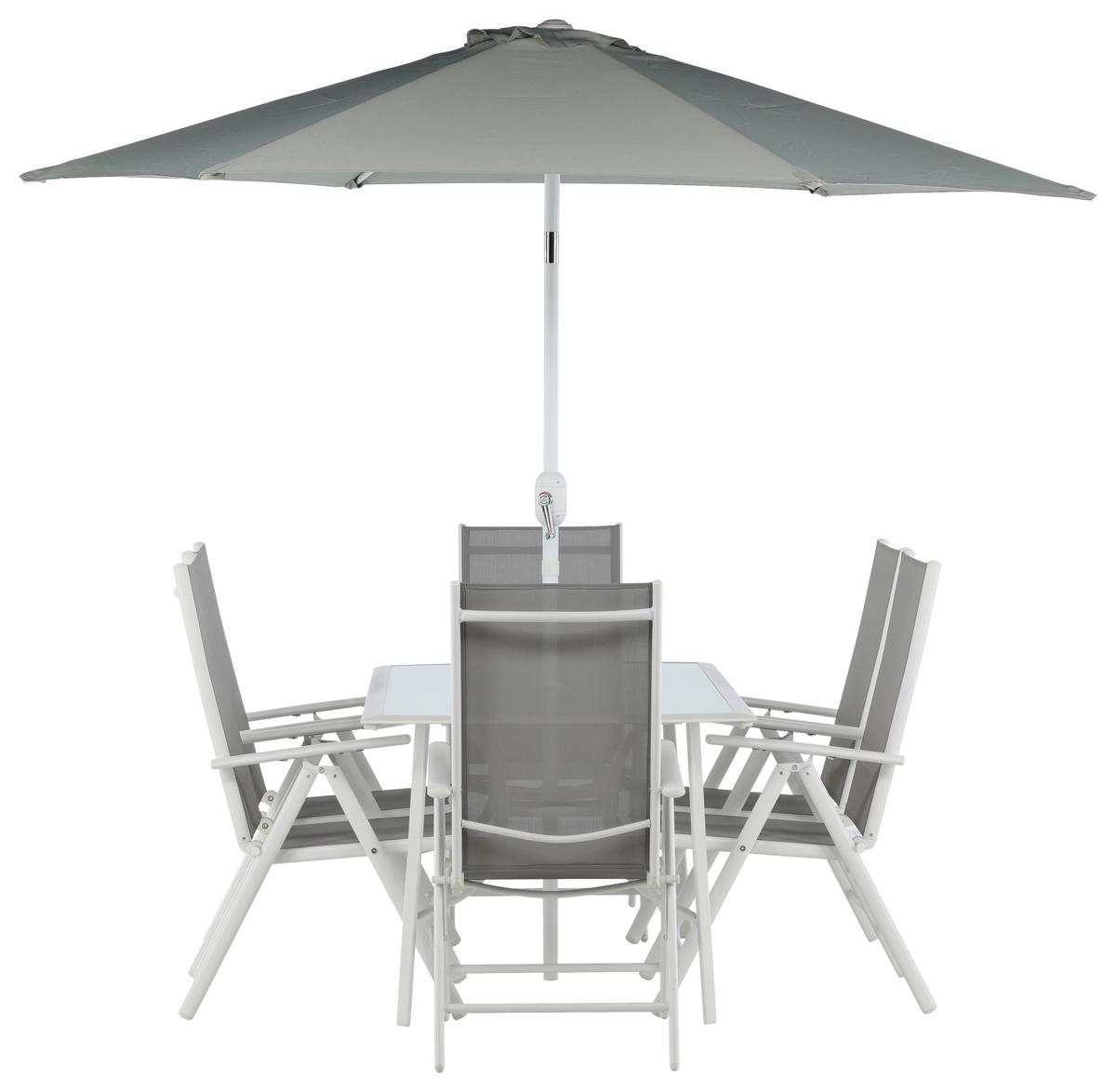 Gartentischgruppe 8-tlg Brekki Aus Aluminium Mit Schirm - Weiß, KONVENTIONELL, Glas/Metall - Gardenson