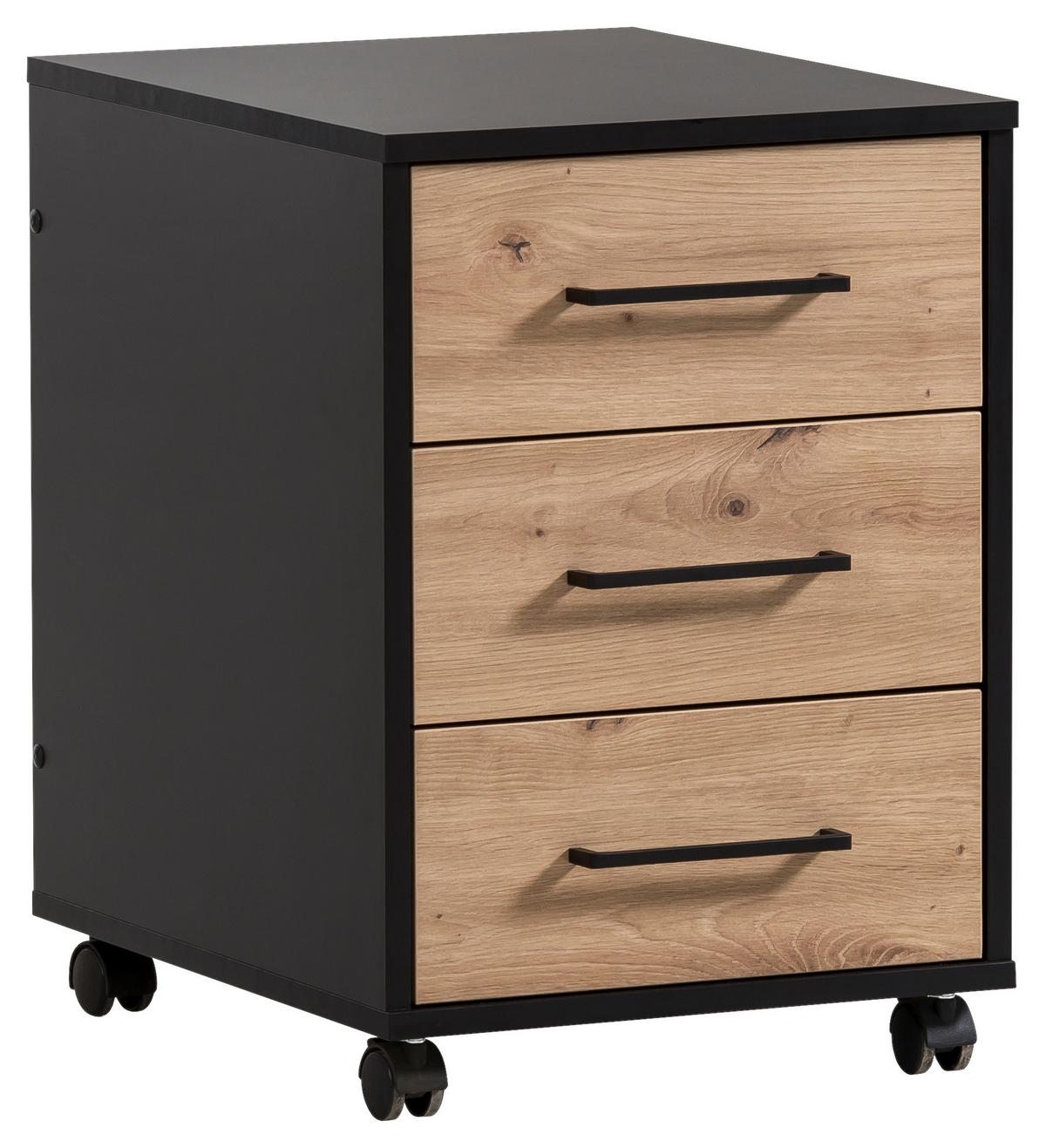 Rollcontainer Aino - Schwarz/Eiche Artisan, MODERN, Holzwerkstoff/Kunststoff (40,1/57/50cm) - MID.YOU