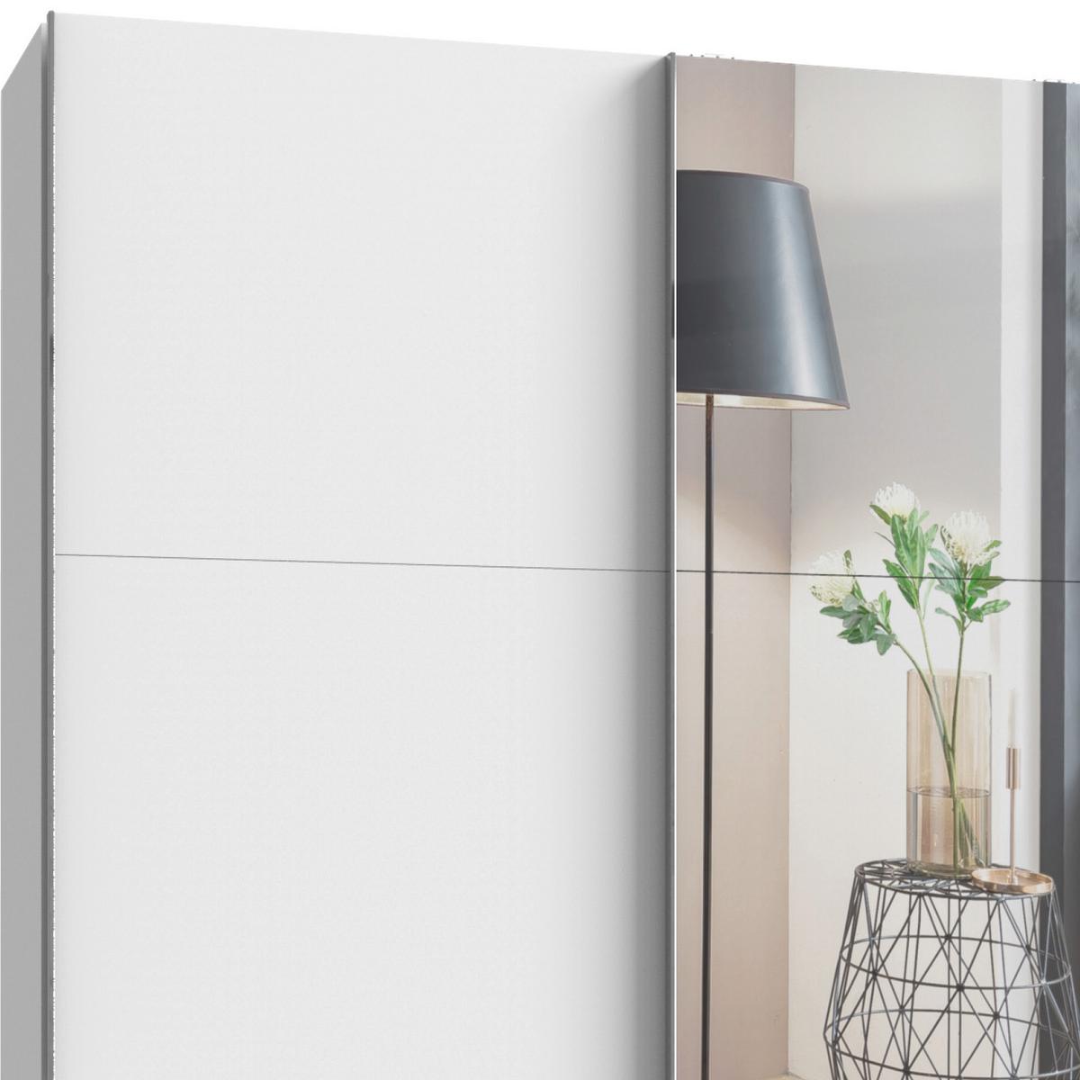 Schwebetürenschrank Mit Spiegel + Laden 350cm Level 36a, Weiß - Silberfarben/Weiß, Basics, Holzwerkstoff (350/216/65cm) - MID.YOU
