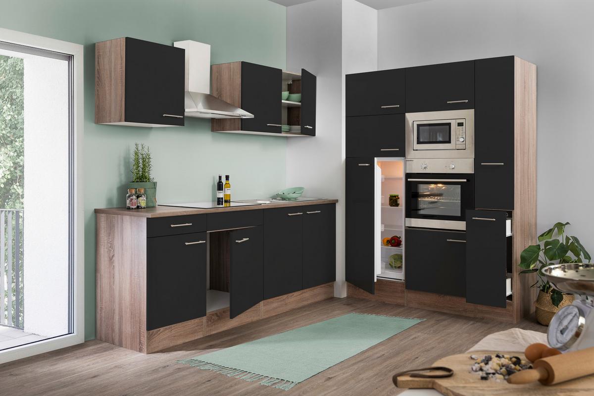 Küchenzeile ohne Geräte B: 360 cm Schwarz/Eiche Dekor - Eichefarben/Schwarz, Basics, Holzwerkstoff (360cm) - Respekta