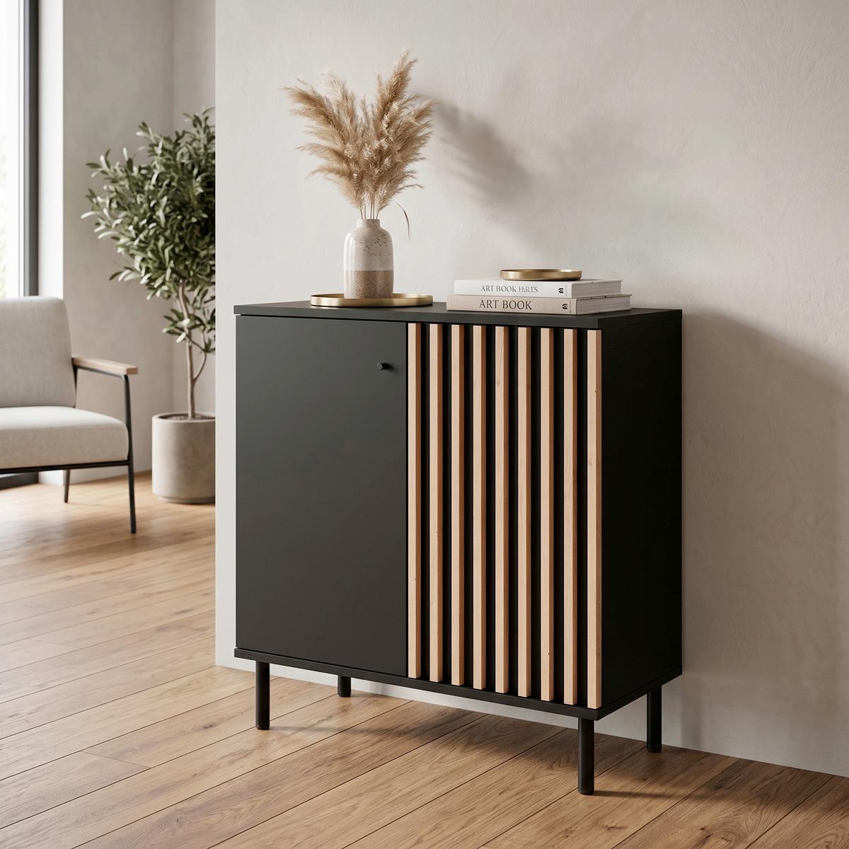 KOMMODE MONZA 01D - Schwarz/Eiche Artisan, Design, Holzwerkstoff (80/90/40cm) - Livetastic
